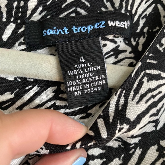 Saint Tropez Dress Size 4 Pattern 100% Linen Black White Knee Length Sleeveless - Picture 3 of 10